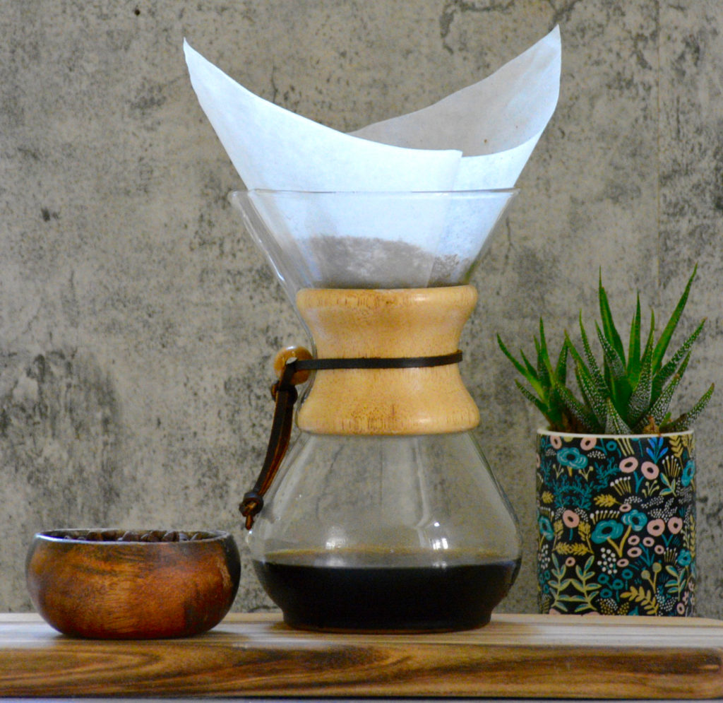 Chemex coffee and filter with succulent on wood slab