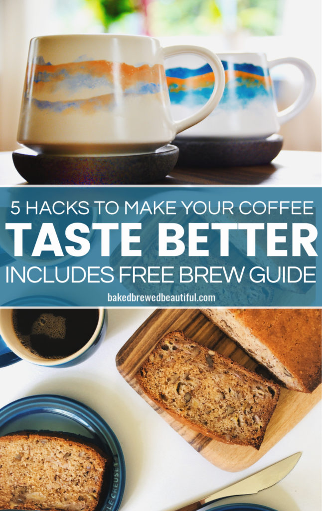 coffee mugs with watercolors on front and banana bread with coffee in a blue coffee mug and saucer