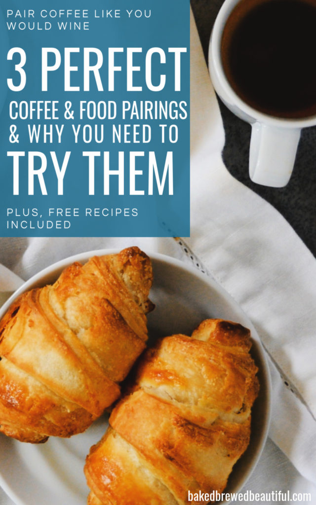 2 croissants on a white table runner with a small coffee mug filled with black coffee on a blue background