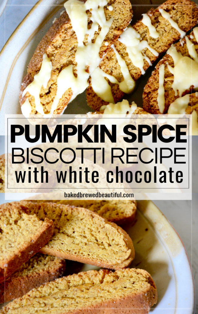pumpkin biscotti drizzled with white chocolate on a light pink speckled plate
