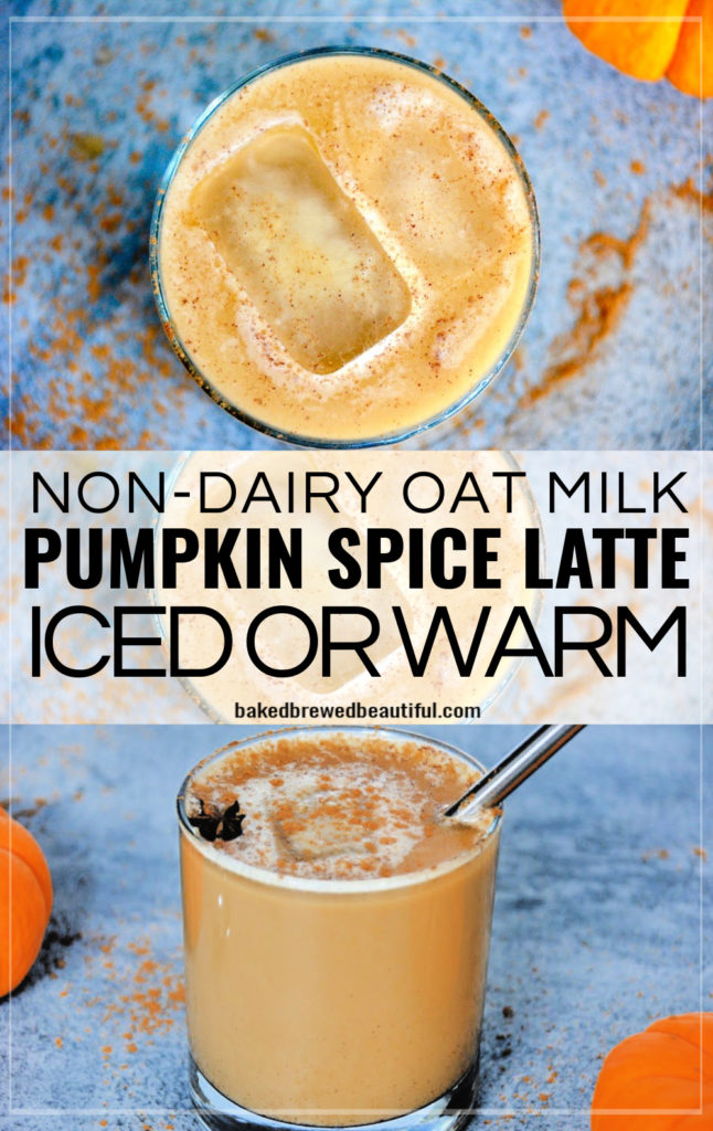 from top - view of pumpkin spice latte in a high ball glass with a blue background a small pumpkin and two ice cubes in the latte