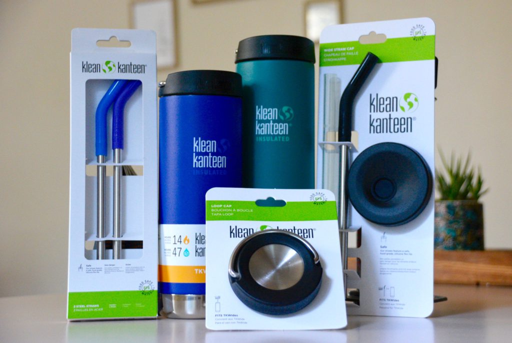 Klean Kanteen Coffee and Tea Kit Bundle on a counter with lids and thermoses