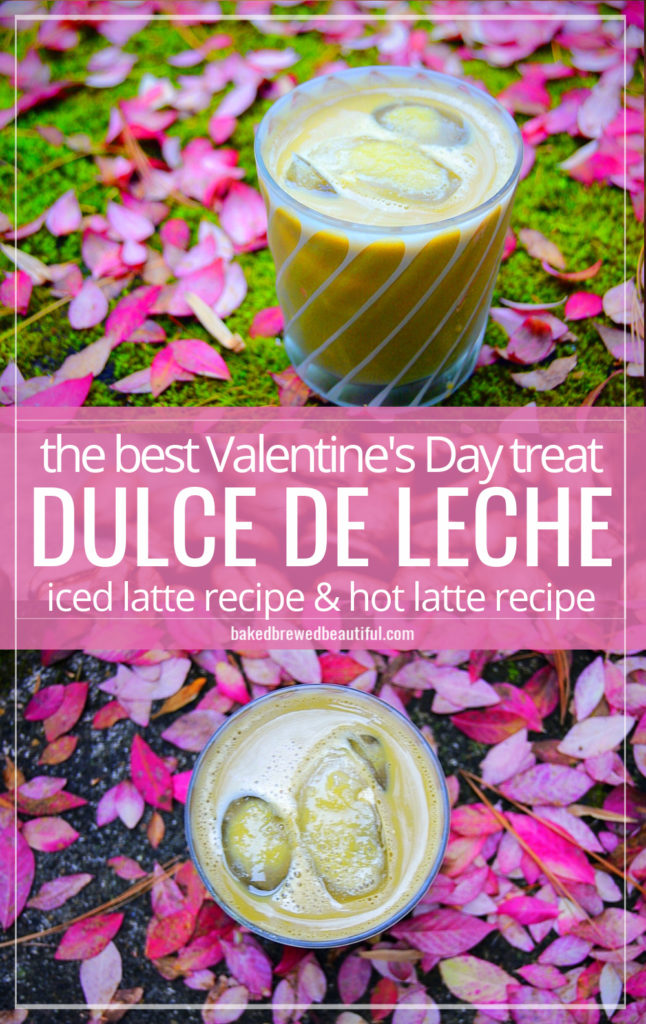 dulce de leche latte on a bed or pink leaves on moss