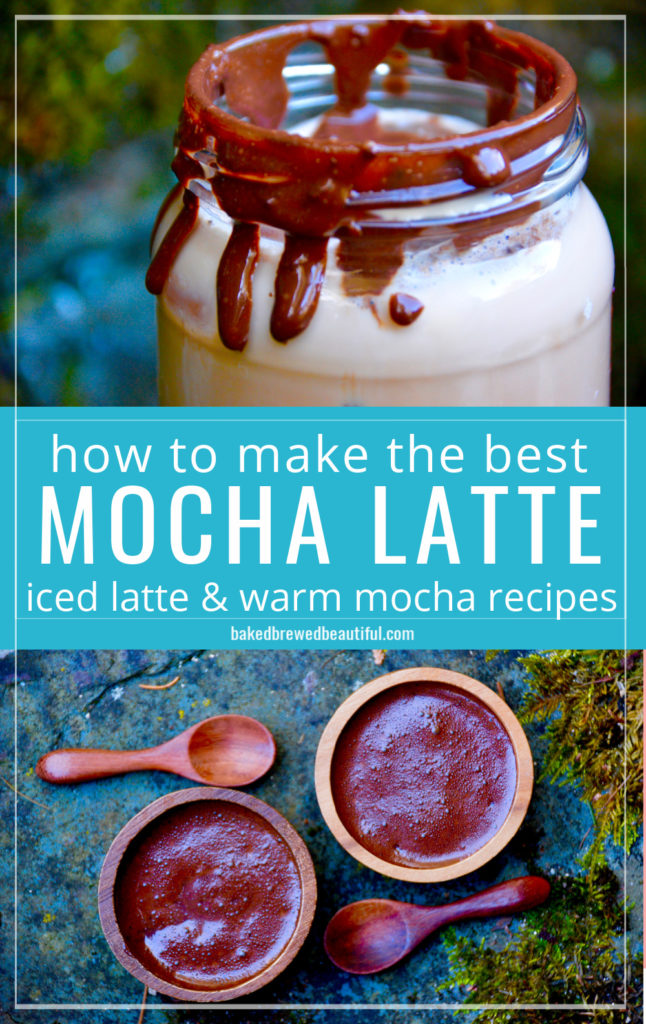 mocha latte on pavement with ganache on the glass rim