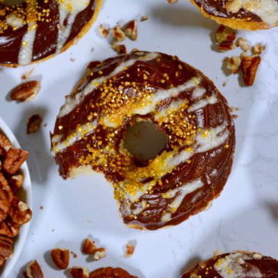 Baked Salted, Malted Chocolate Glazed Browned Butter Donuts