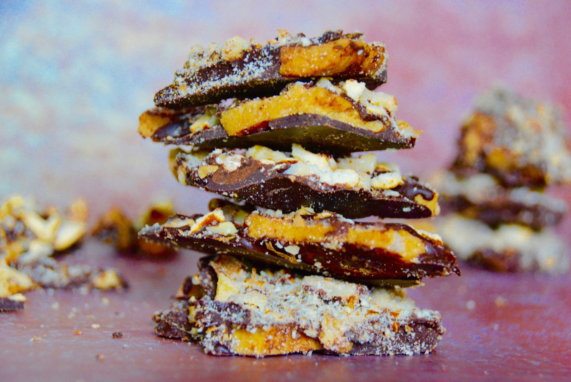 stacked toffee on colorful background