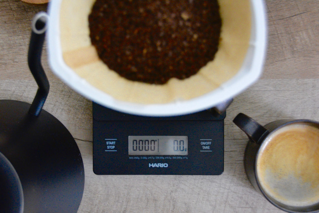 pour over coffee brewer on coffee scale