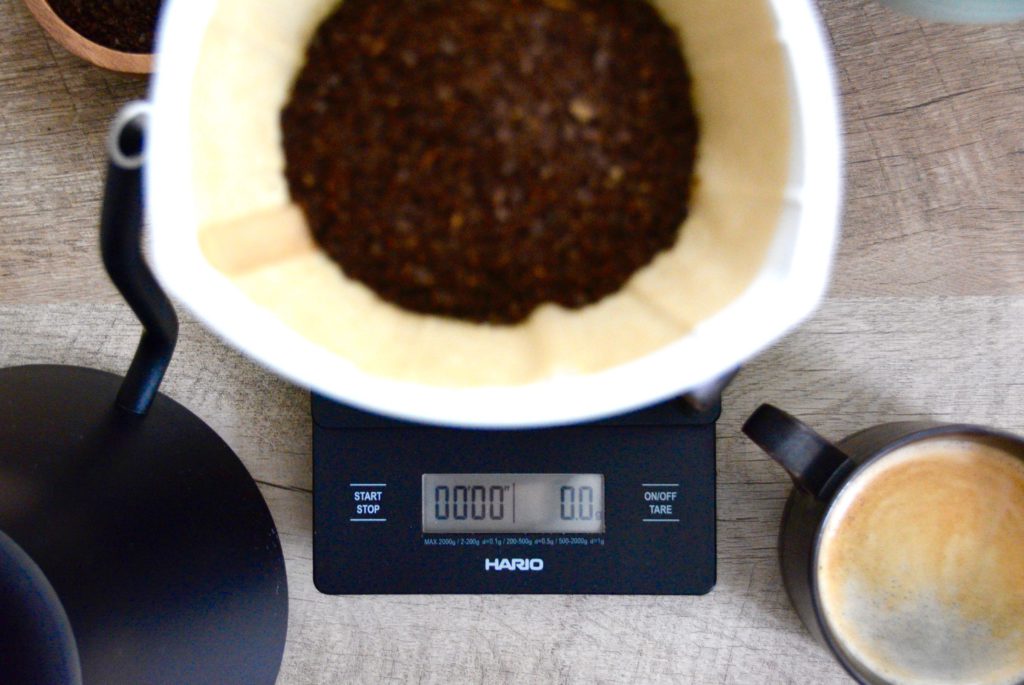 close up of coffee scale and pour over tools for coffee