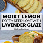 lemon poppy seed loaf cake with lavender glaze on marble