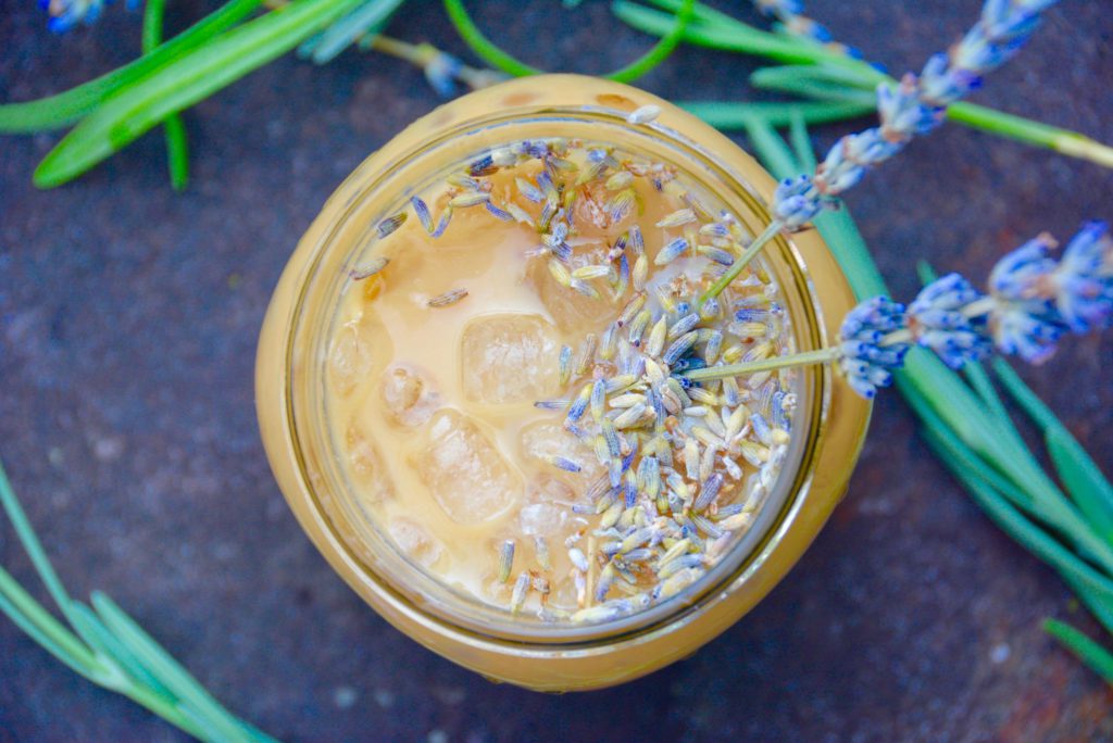 honey lavender oat milk latte in a mason jar