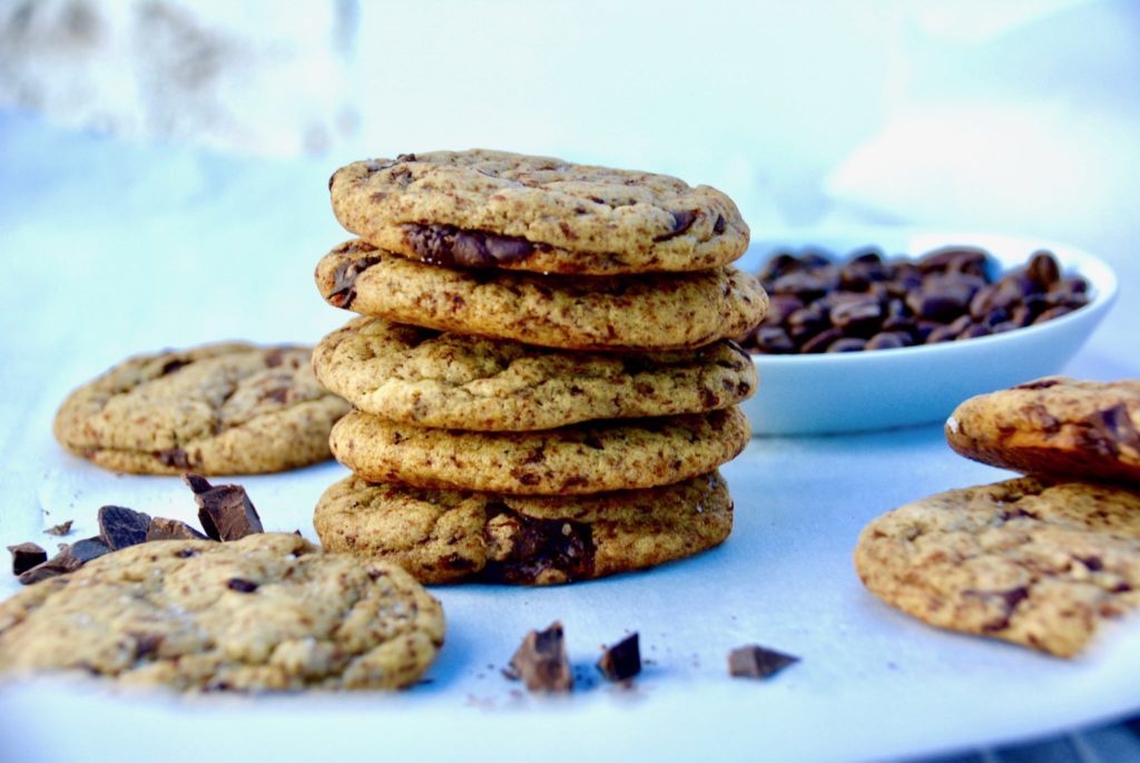 espresso chocolate chip cookies stacked together