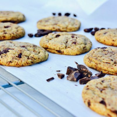 dark chocolate espresso cookies laying down on parchment paper