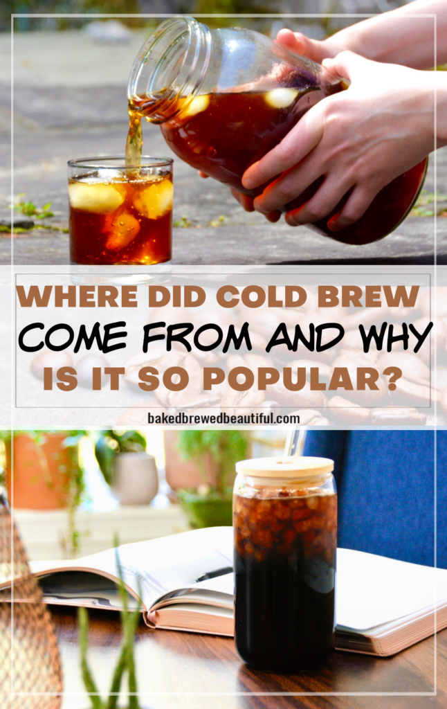 cold brew coffee being poured into a glass from a large mason jar