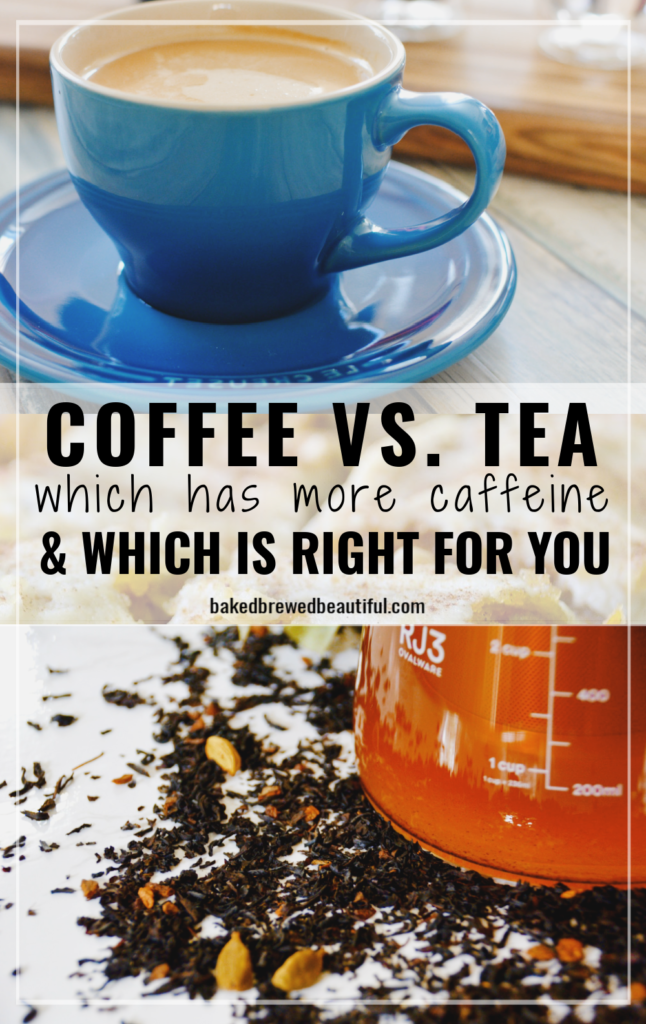 coffee cup on a counter and a pitcher of chai tea and tea leaves on the counter