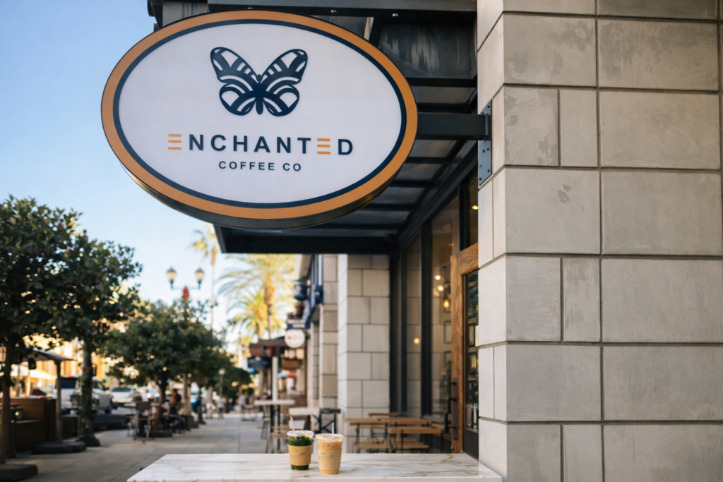 The Enchanted Coffee Co sign hanging outside the café along a walkable Fullerton street.