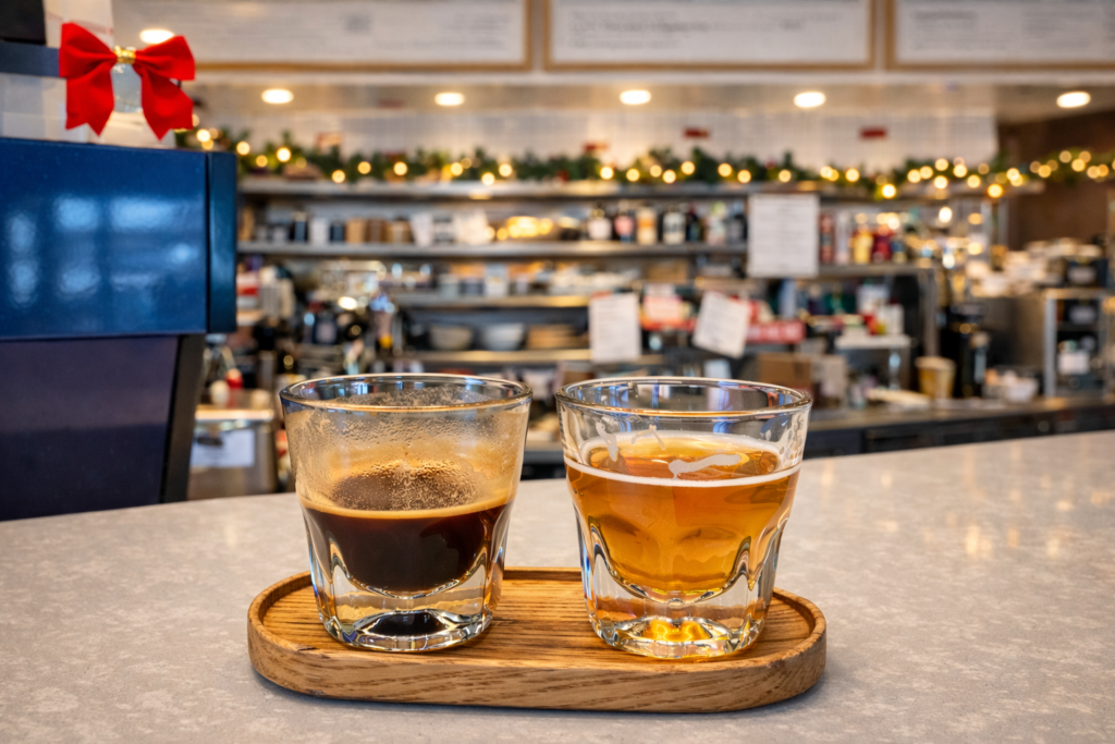 Two small glass coffee drinks served on a wooden tray inside a warmly lit coffee shop