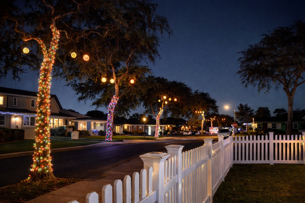 Handmade sparkle balls glowing in the trees along a quiet residential street in Fullerton at night.